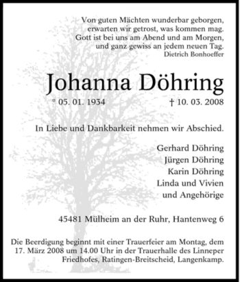 Traueranzeige von Johanna Döhring von Tageszeitung