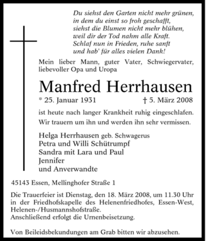  Traueranzeige für Manfred Herrhausen vom 15.03.2008 aus Tageszeitung