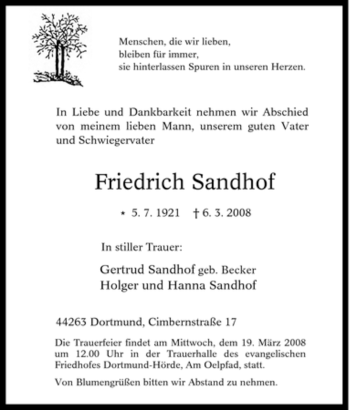 Traueranzeige von Friedrich Sandhof von Tageszeitung