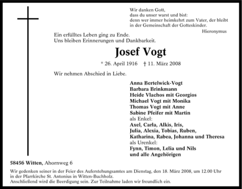 Traueranzeigen von Josef Vogt TrauerinNRW.de