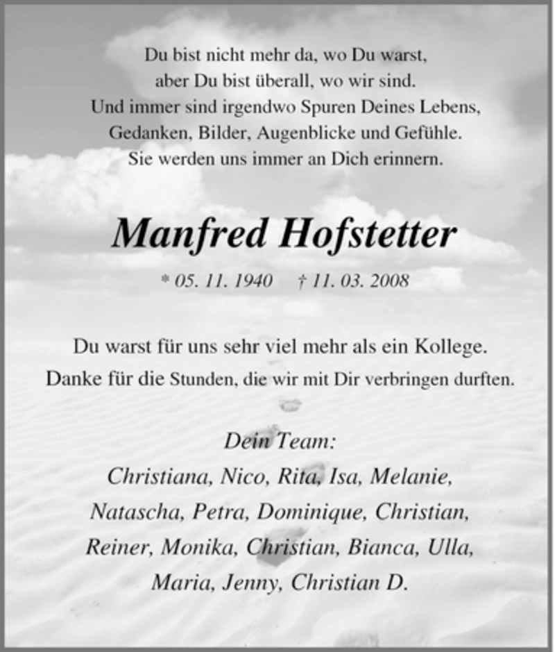  Traueranzeige für Manfred Hofstetter vom 15.03.2008 aus Tageszeitung