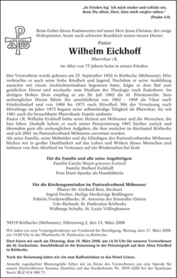 Traueranzeige von Wilhelm Eickhoff von Tageszeitung