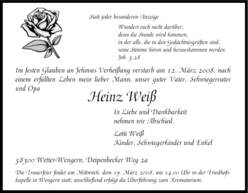 Traueranzeige von Heinz Weiß von Tageszeitung
