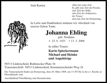 Traueranzeige von Johanna Ehling von Tageszeitung