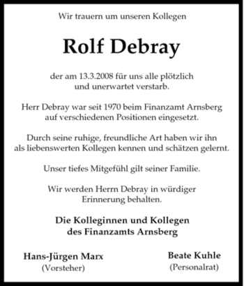 Traueranzeige von Rolf Debray von Tageszeitung