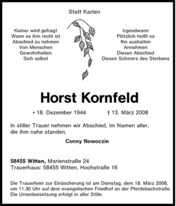 Traueranzeige von Horst Kornfeld von Tageszeitung