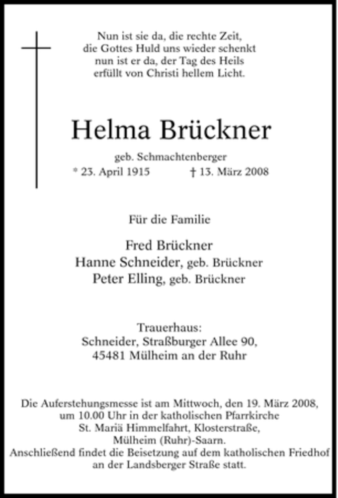  Traueranzeige für Helma Brückner vom 15.03.2008 aus Tageszeitung