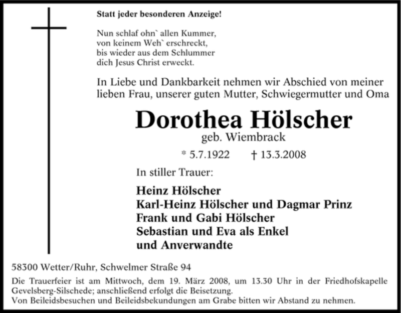  Traueranzeige für Dorothea Hölscher vom 15.03.2008 aus Tageszeitung