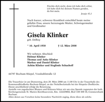 Traueranzeige von Gisela Klinker von Tageszeitung