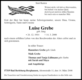 Traueranzeige von Luise Grebe von Tageszeitung