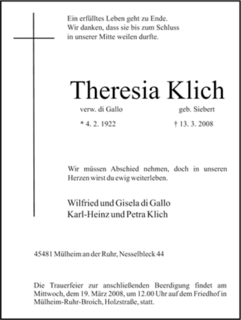 Traueranzeige von Theresia Klich von Tageszeitung