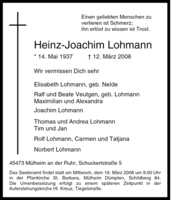 Traueranzeige von Heinz-Joachim Lohmann von Tageszeitung