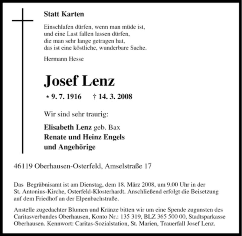  Traueranzeige für Josef Lenz vom 15.03.2008 aus Tageszeitung