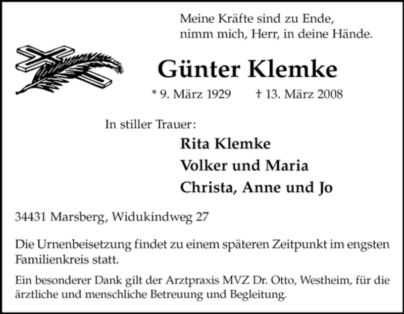  Traueranzeige für Günter Klemke vom 15.03.2008 aus Tageszeitung