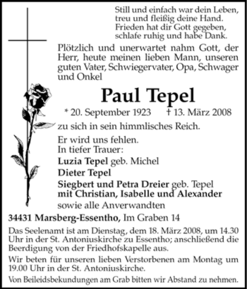 Traueranzeige von Paul Tepel von Tageszeitung