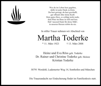 Traueranzeige von Martha Toderke von Tageszeitung