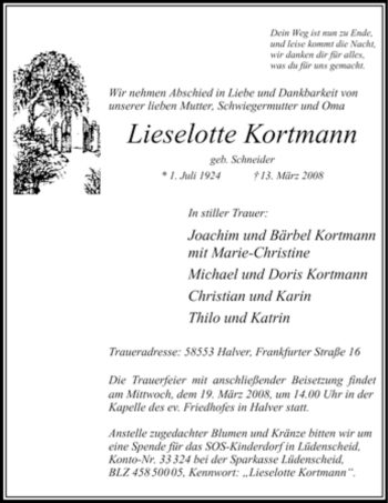 Traueranzeige von Lieselotte Kortmann von Tageszeitung