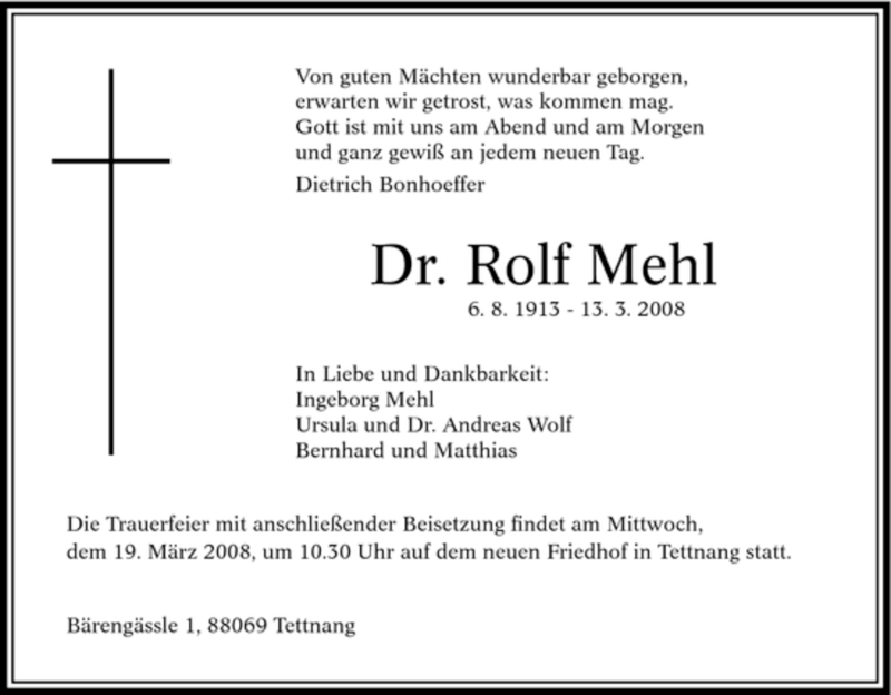  Traueranzeige für Rolf Mehl vom 17.03.2008 aus Tageszeitung