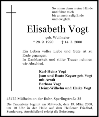 Traueranzeige von lisabeth Vogt von Tageszeitung