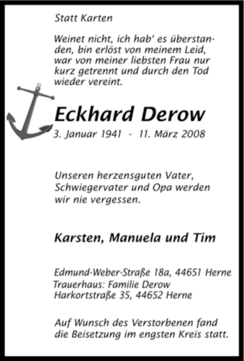 Traueranzeige von Eckhard Derow von Tageszeitung