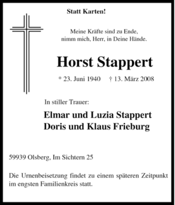 Traueranzeige von Horst Stappert von Tageszeitung