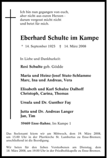 Traueranzeige von Eberhard Schulte im Kampe von Tageszeitung