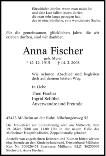 Traueranzeige von Anna Fischer von Tageszeitung
