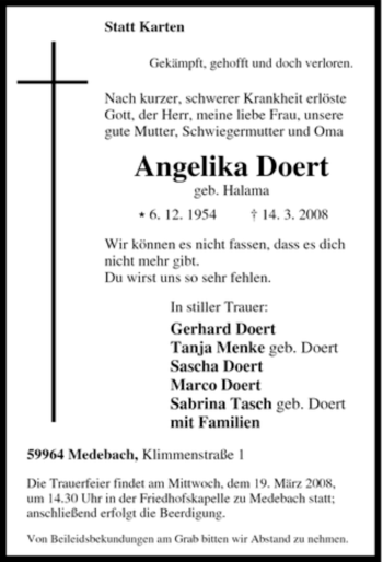 Traueranzeige von Angelika Doert von Tageszeitung
