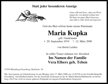 Traueranzeige von Maria Kupka von Tageszeitung