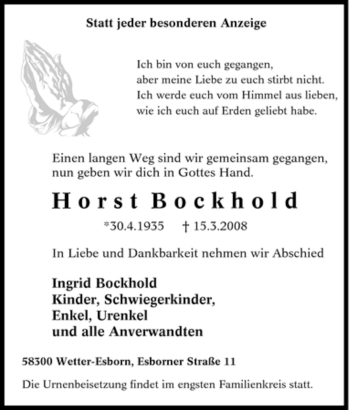 Traueranzeige von Horst Bockhold von Tageszeitung