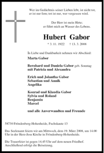 Traueranzeige von Hubert Gabor von Tageszeitung