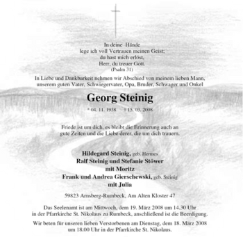 Traueranzeige von Georg Steinig von Tageszeitung