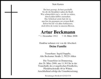 Traueranzeige von Artur Beckmann von Tageszeitung