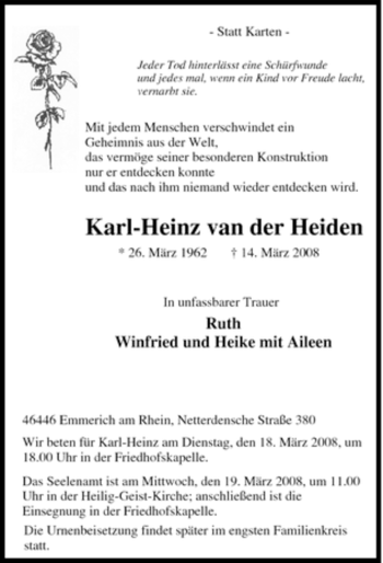 Traueranzeige von Karl-Heinz van der Heiden von Tageszeitung