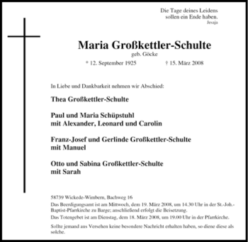 Traueranzeige von Maria Großkettler-Schulte von Tageszeitung