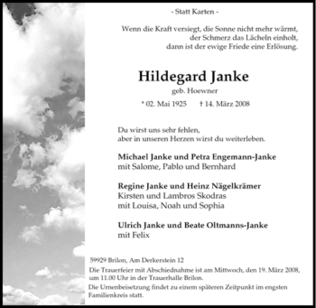 Traueranzeige von Hildegard Janke von Tageszeitung