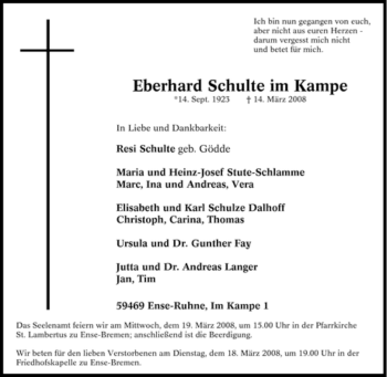 Traueranzeige von Eberhard Schulte im Kampe von Tageszeitung