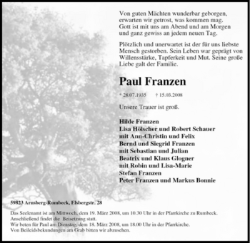Traueranzeige von Paul Franzen von Tageszeitung