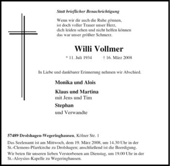 Traueranzeige von Willi Vollmer von Tageszeitung