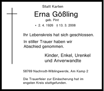 Traueranzeige von Erna Gößling von Tageszeitung