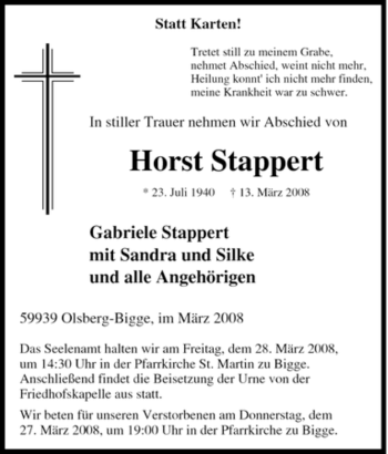 Traueranzeige von Horst Stappert von Tageszeitung