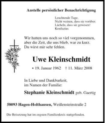Traueranzeige von Uwe Kleinschmidt von Tageszeitung
