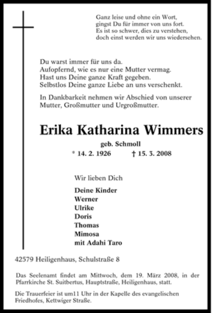  Traueranzeige für Erika Katharina Wimmers vom 18.03.2008 aus Tageszeitung