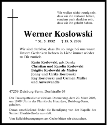 Traueranzeige von Werner Koslowski von Tageszeitung