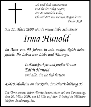 Traueranzeige von Irma Hunold von Tageszeitung