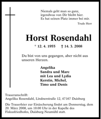 Traueranzeige von Horst Rosendahl von Tageszeitung