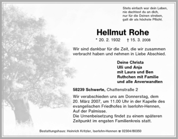 Traueranzeige von Hellmut Rohe von Tageszeitung