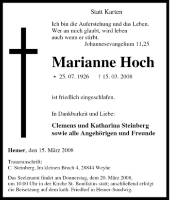Traueranzeige von Marianne Hoch von Tageszeitung