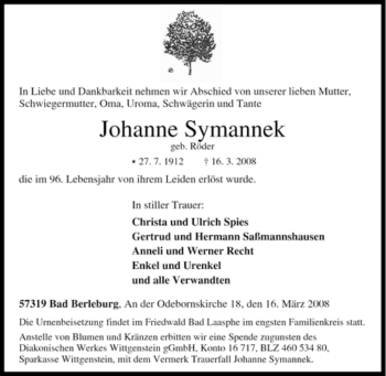 Traueranzeige von Johanne Symannek von Tageszeitung