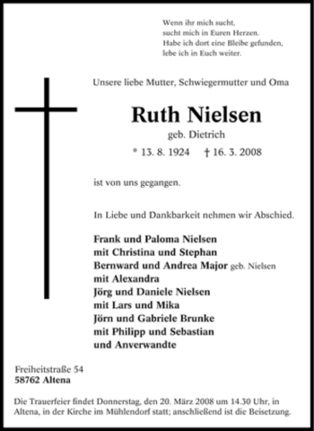 Traueranzeige von Ruth Nielsen von Tageszeitung